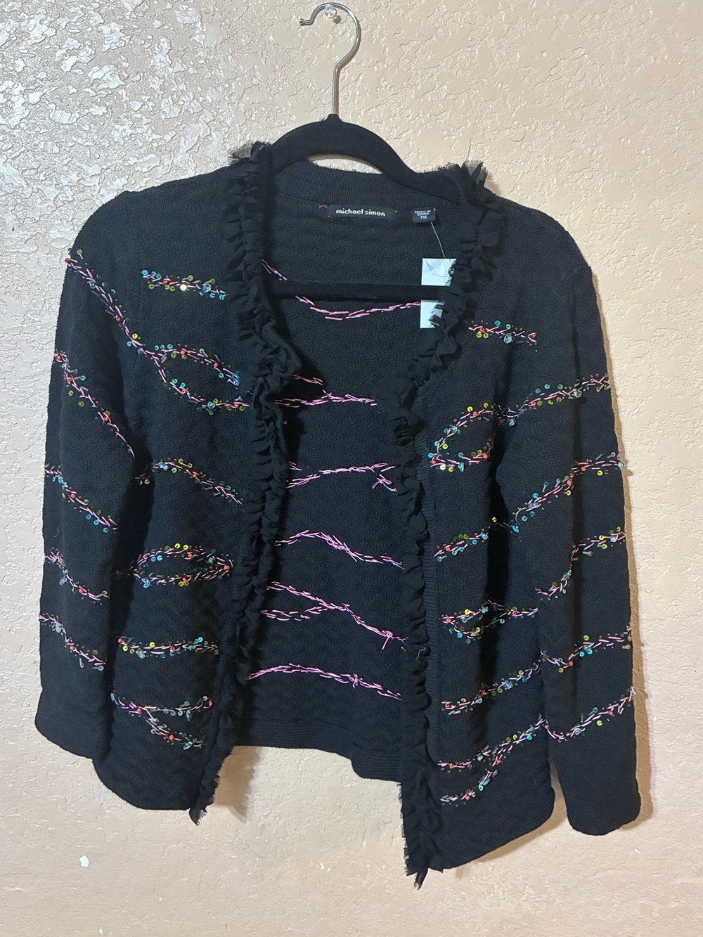 Michael Simon Cardigan Sweater Size PM Petite Small Women's Black Ruffle Stripe - Picture 2 of 4